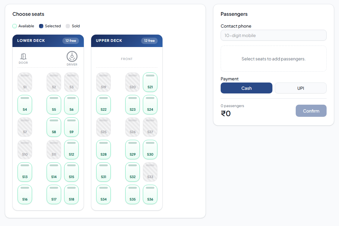 Corvex Bus Light sleeper berth chart with lower and upper decks and per-passenger booking — demo data