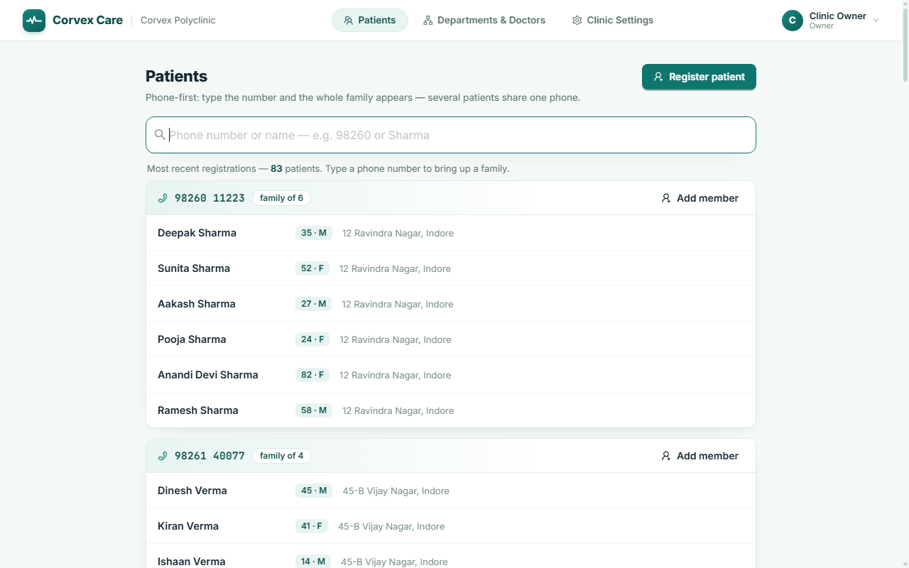 Corvex Care phone-first patient registry with family-grouped records — Corvex Polyclinic demo data