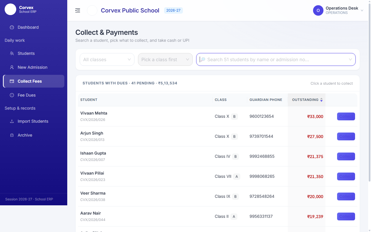 Corvex School ERP Collect and Payments screen listing students with outstanding dues and one-click collect — Corvex Public School demo data