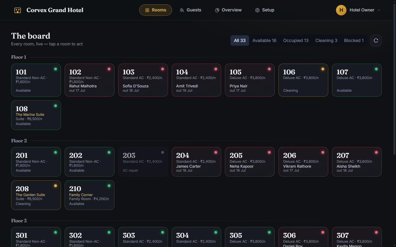 Corvex Stay room board showing every room floor by floor with occupied, available and cleaning states — Corvex Grand Hotel demo data